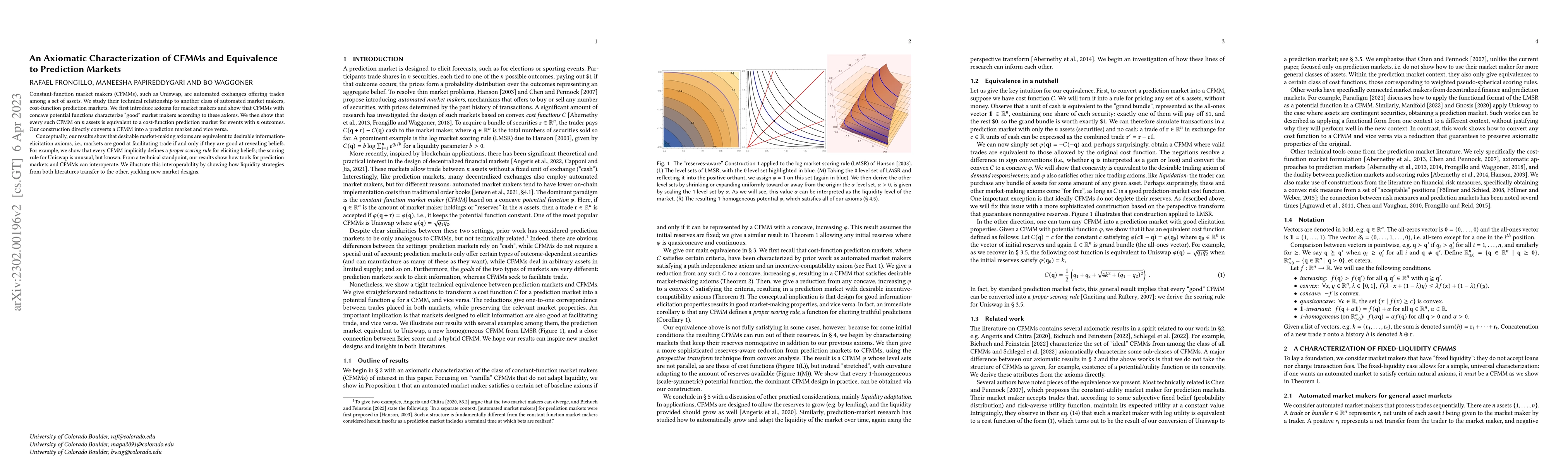 Thumbnail for An Axiomatic Characterization of CFMMs and Equivalence to Prediction
  Markets