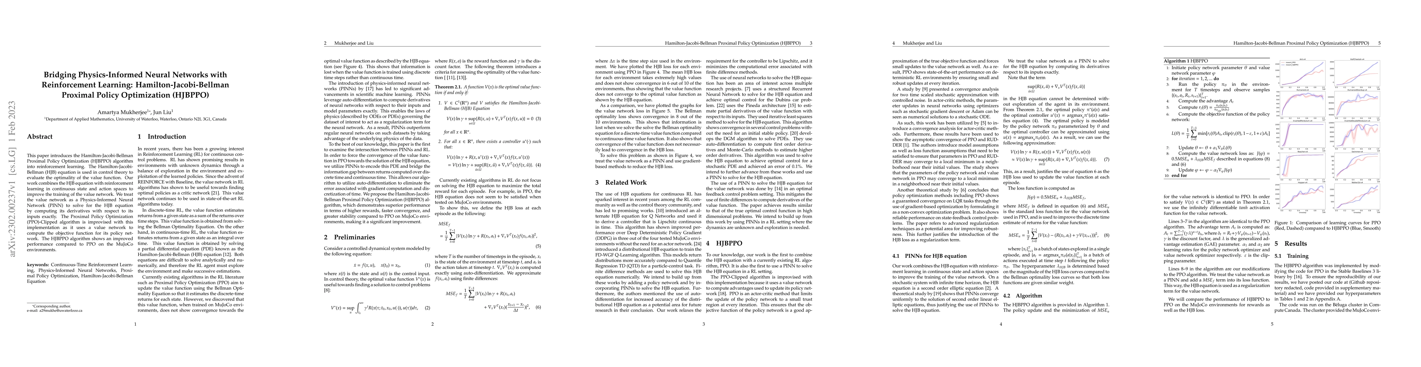 Thumbnail for Bridging Physics-Informed Neural Networks with Reinforcement Learning:
  Hamilton-Jacobi-Bellman Proximal Policy Optimization (HJBPPO)