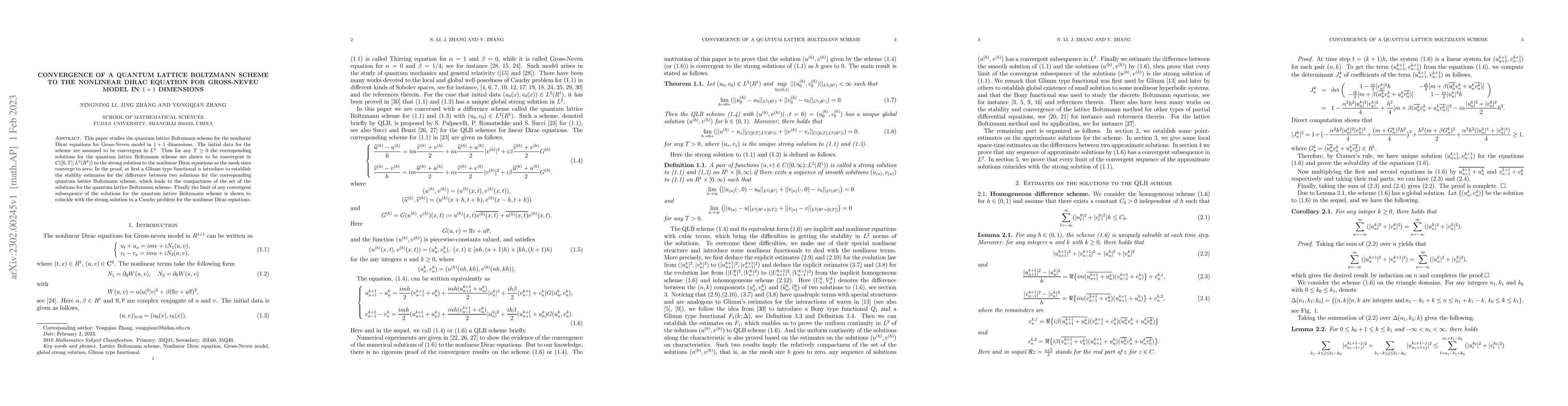 Thumbnail for Convergence of a quantum lattice Boltzmann scheme to the nonlinear Dirac
  equation for Gross-Neveu model in $1+1$ dimensions