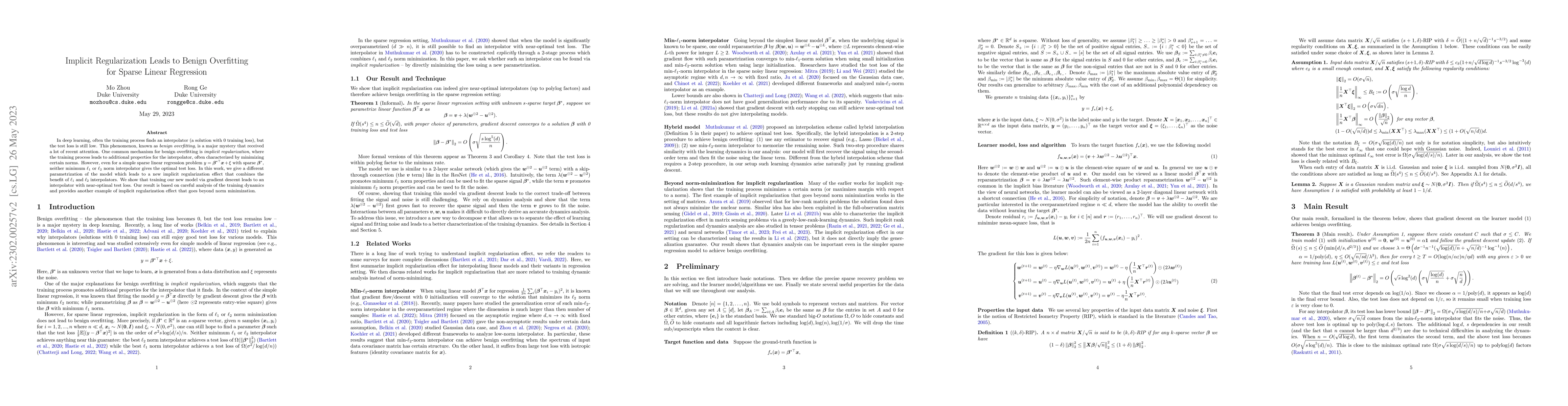 Thumbnail for Implicit Regularization Leads to Benign Overfitting for Sparse Linear
  Regression