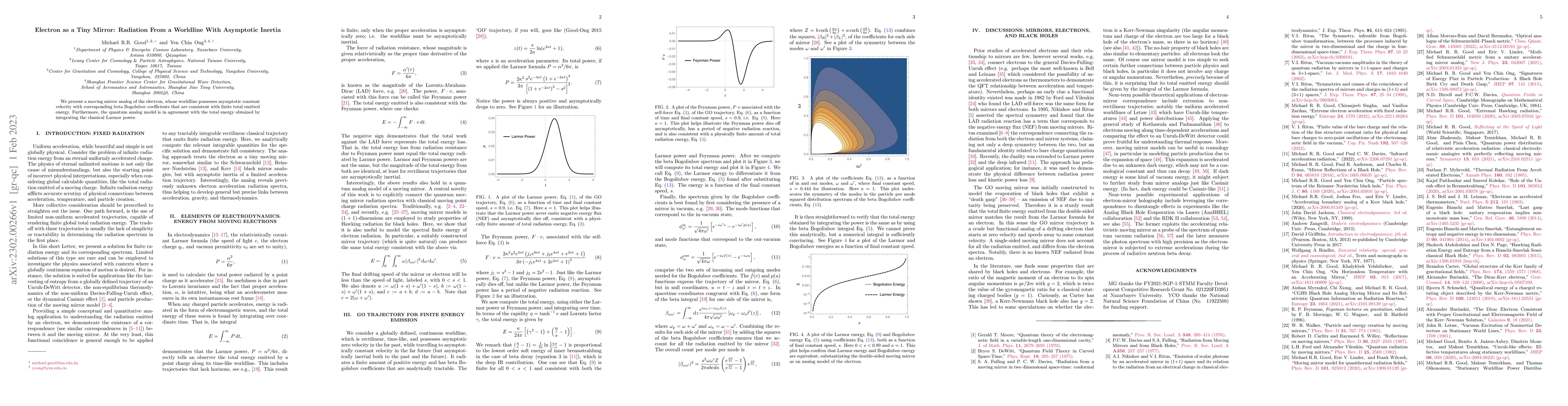 Thumbnail for Electron as a Tiny Mirror: Radiation From a Worldline With Asymptotic
  Inertia