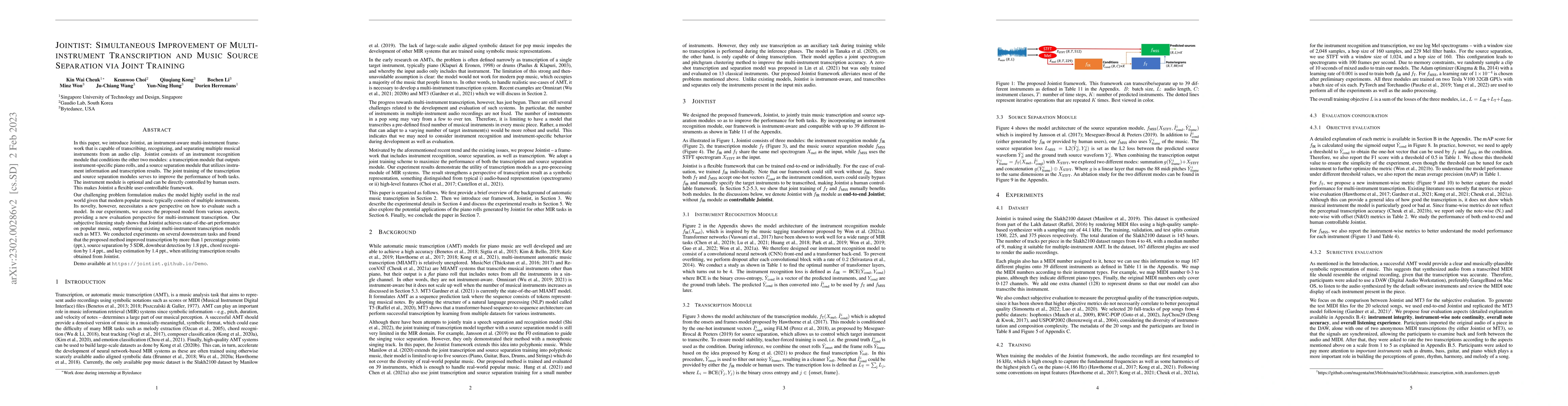 Thumbnail for Jointist: Simultaneous Improvement of Multi-instrument Transcription and
  Music Source Separation via Joint Training