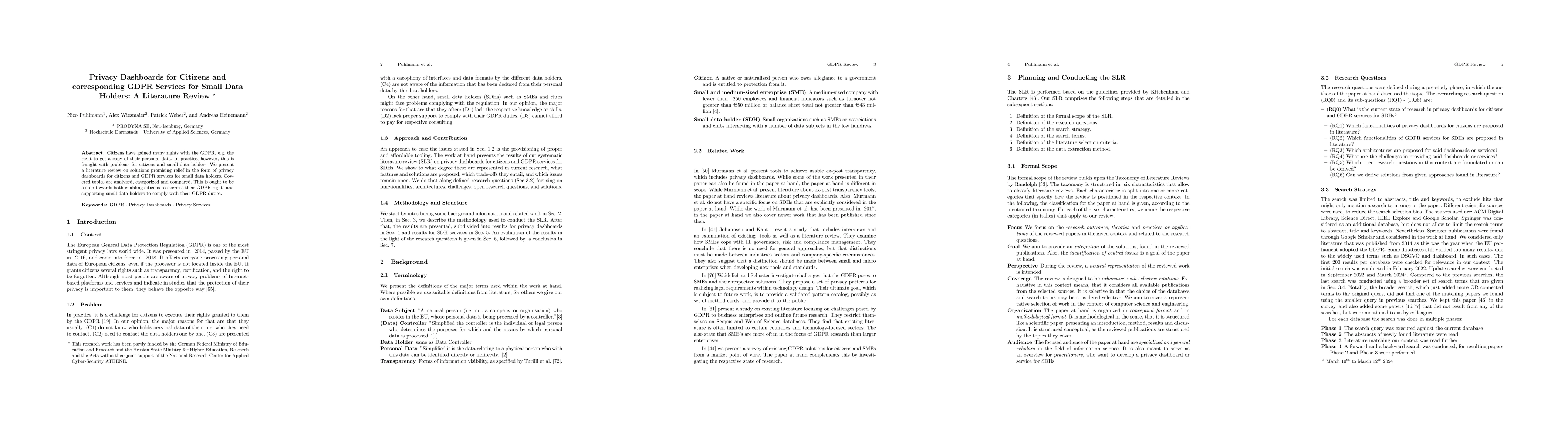 Thumbnail for Privacy Dashboards for Citizens and corresponding GDPR Services for
  Small Data Holders: A Literature Review