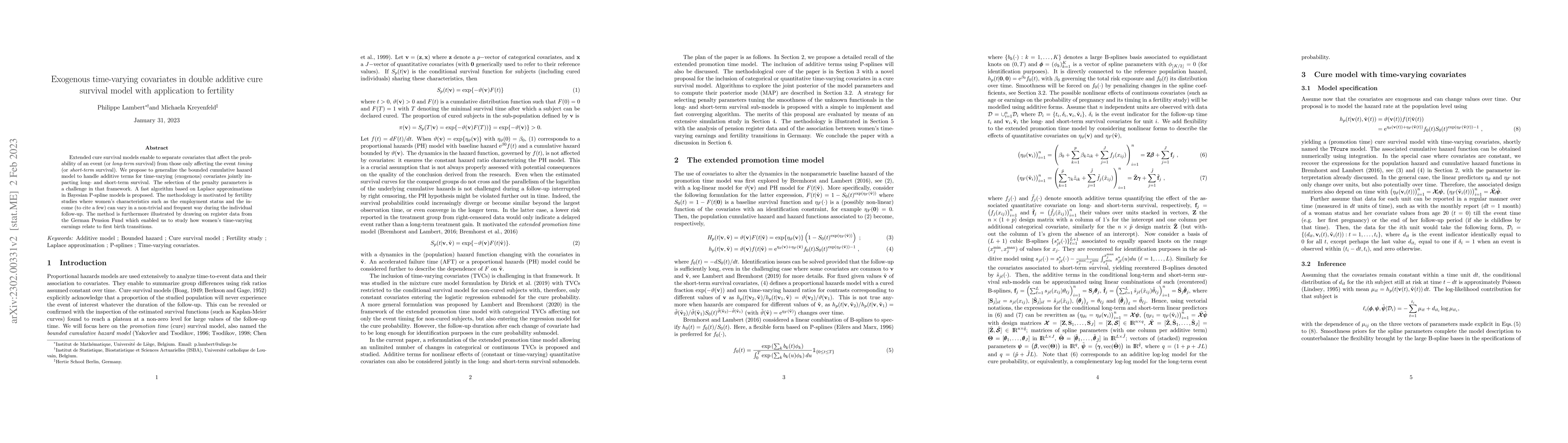 Thumbnail for Exogenous time-varying covariates in double additive cure survival model
  with application to fertility
