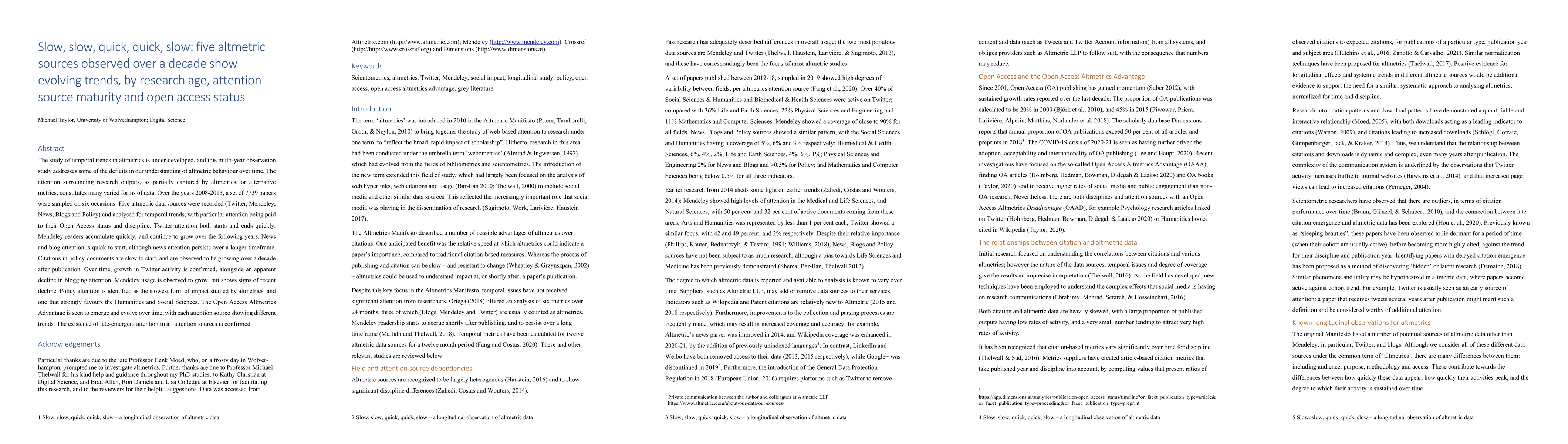 Thumbnail for Slow, slow, quick, quick, slow: five altmetric sources observed over a
  decade show evolving trends, by research age, attention source maturity and
  open access status