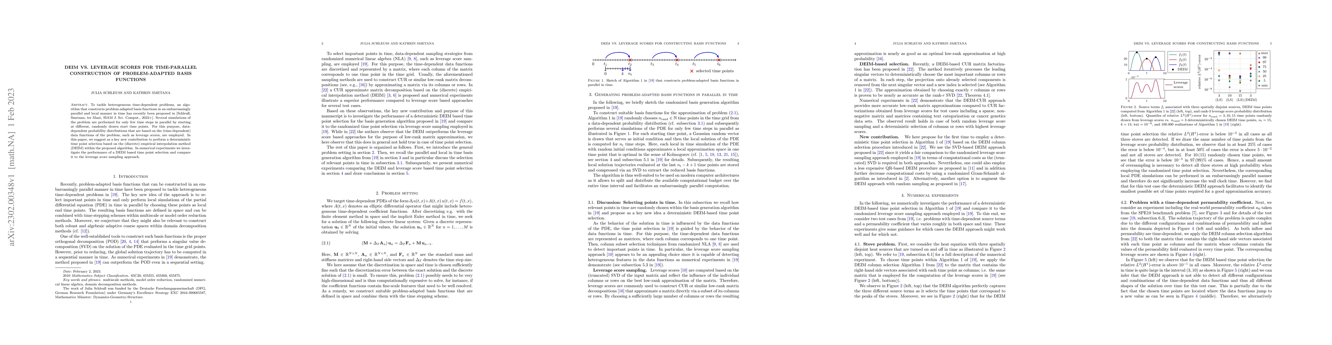 Thumbnail for DEIM vs. leverage scores for time-parallel construction of
  problem-adapted basis functions