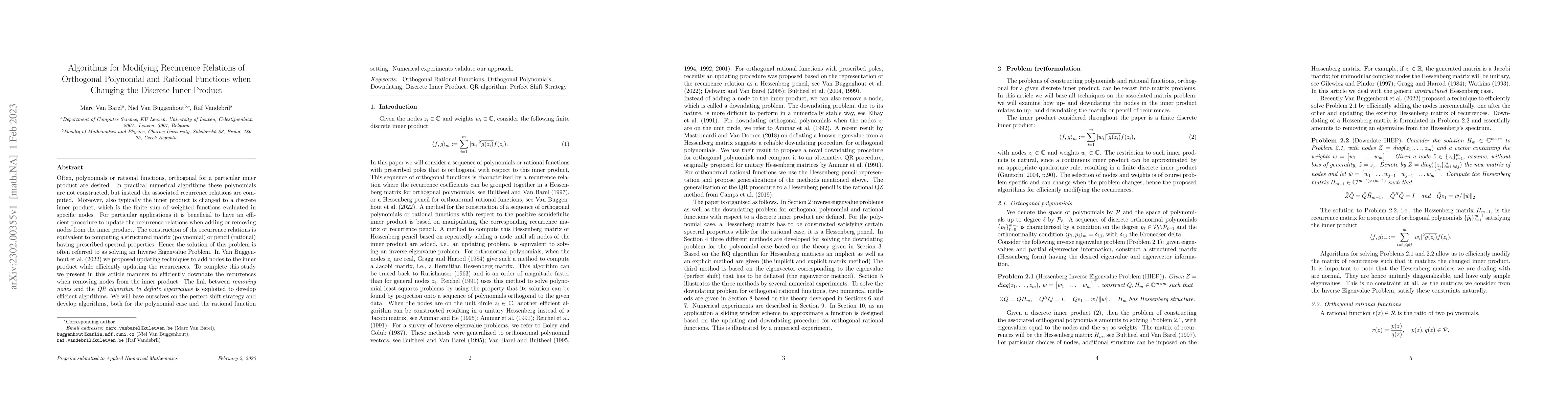 Thumbnail for Algorithms for Modifying Recurrence Relations of Orthogonal Polynomial
  and Rational Functions when Changing the Discrete Inner Product