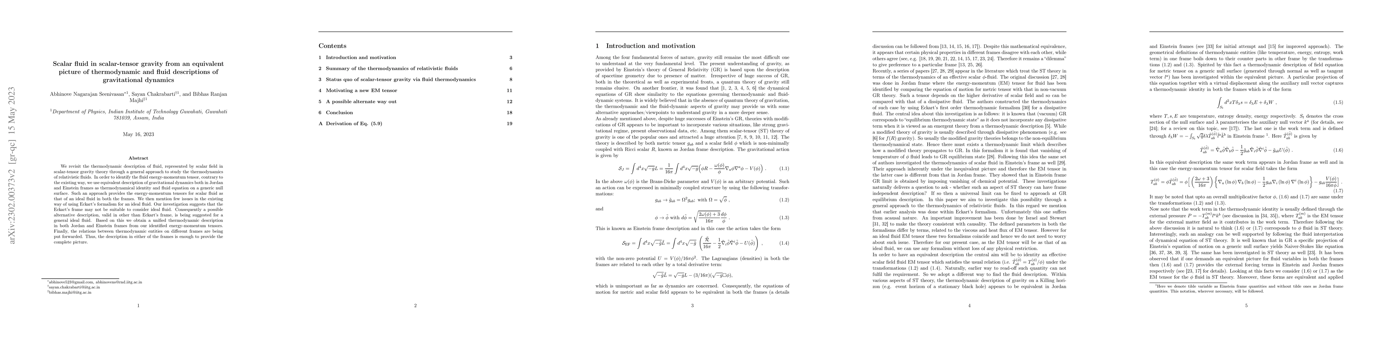 Thumbnail for Scalar fluid in scalar-tensor gravity from an equivalent picture of
  thermodynamic and fluid descriptions of gravitational dynamics