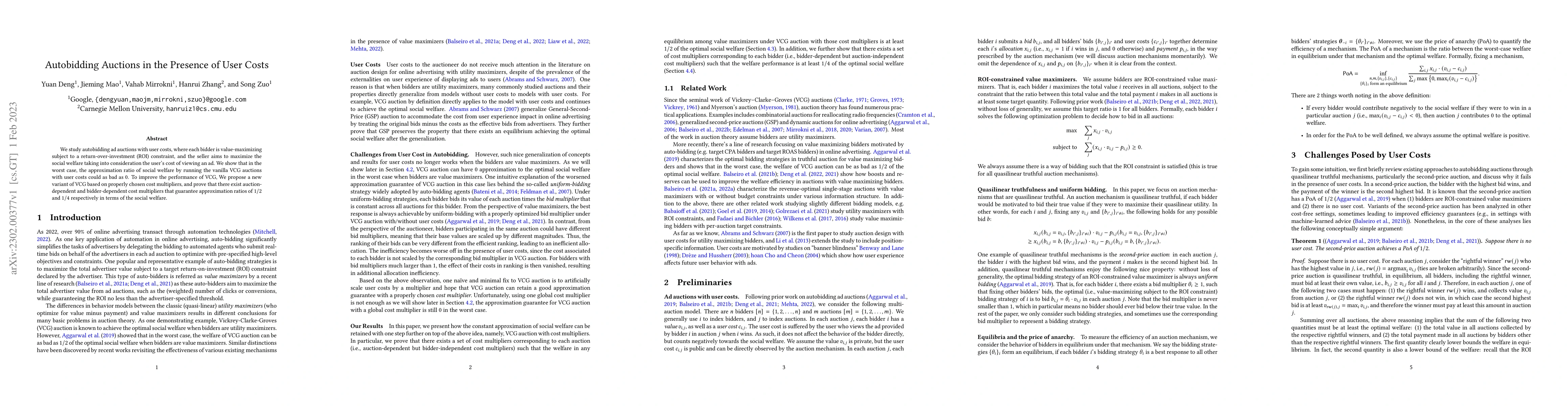 Thumbnail for Autobidding Auctions in the Presence of User Costs