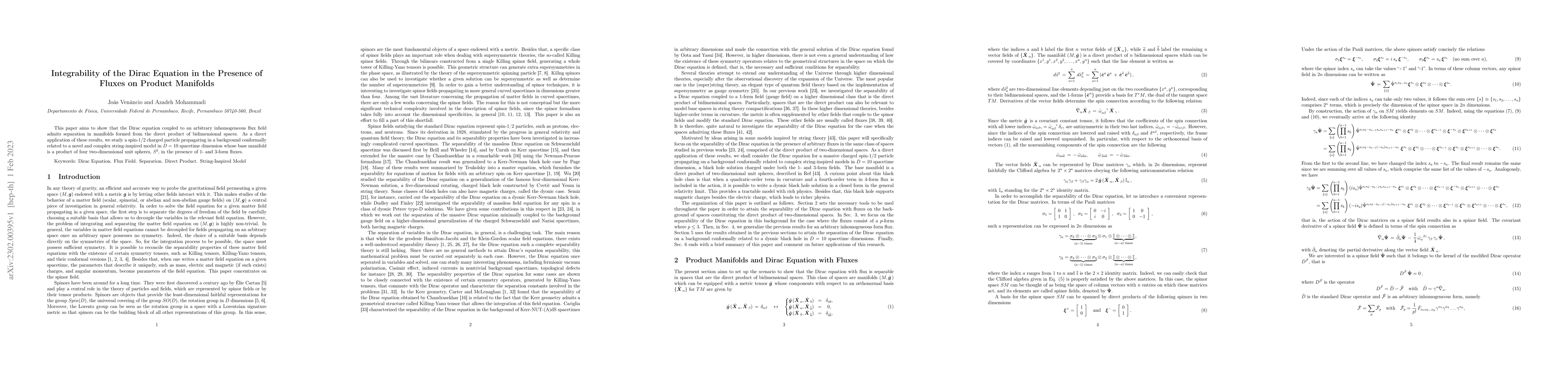 Thumbnail for Integrability of the Dirac Equation in the Presence of Fluxes on Product
  Manifolds