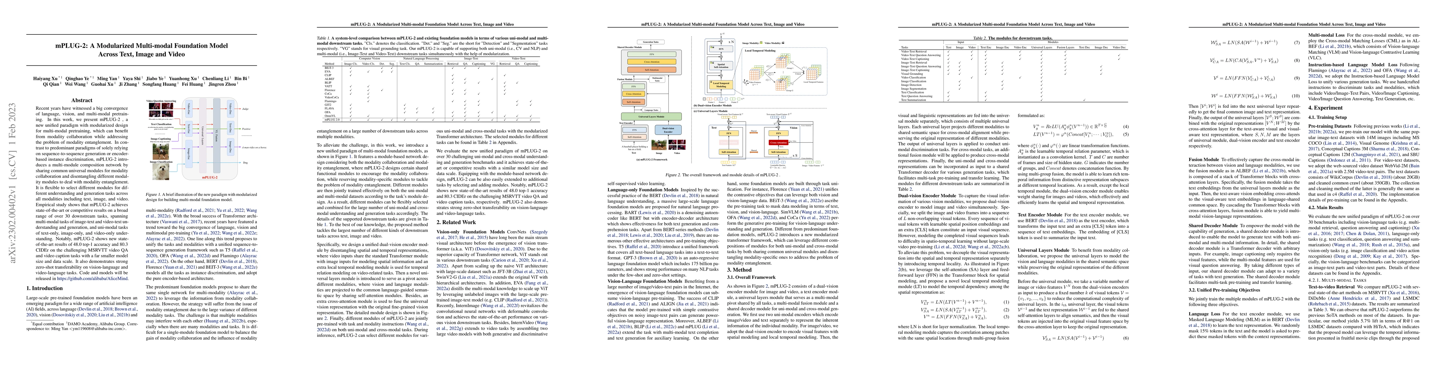 Thumbnail for mPLUG-2: A Modularized Multi-modal Foundation Model Across Text, Image
  and Video