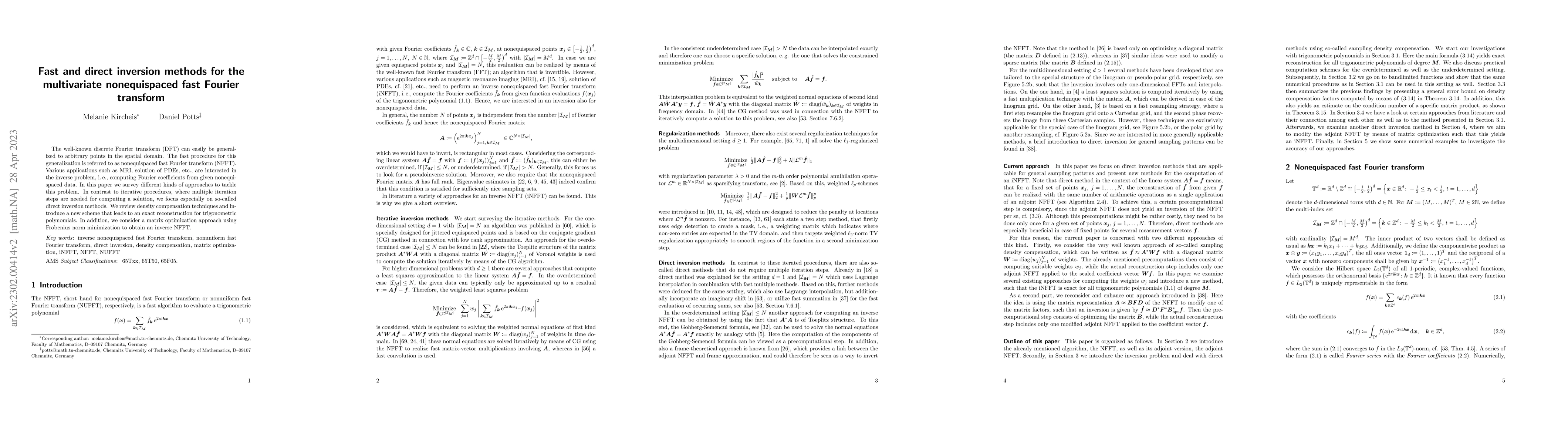 Thumbnail for Fast and direct inversion methods for the multivariate nonequispaced
  fast Fourier transform