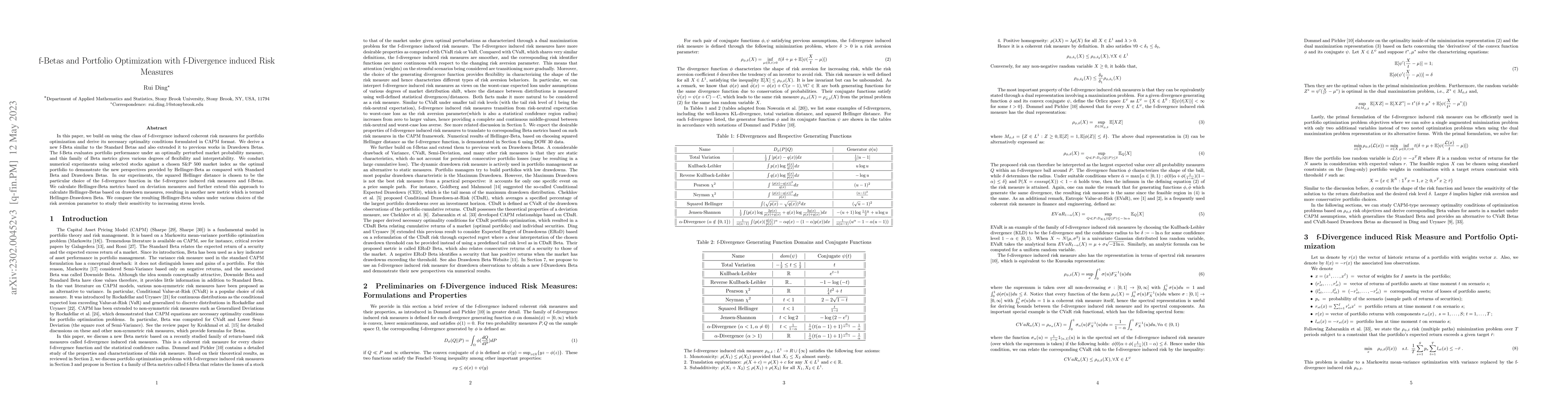 Thumbnail for f-Betas and Portfolio Optimization with f-Divergence induced Risk
  Measures