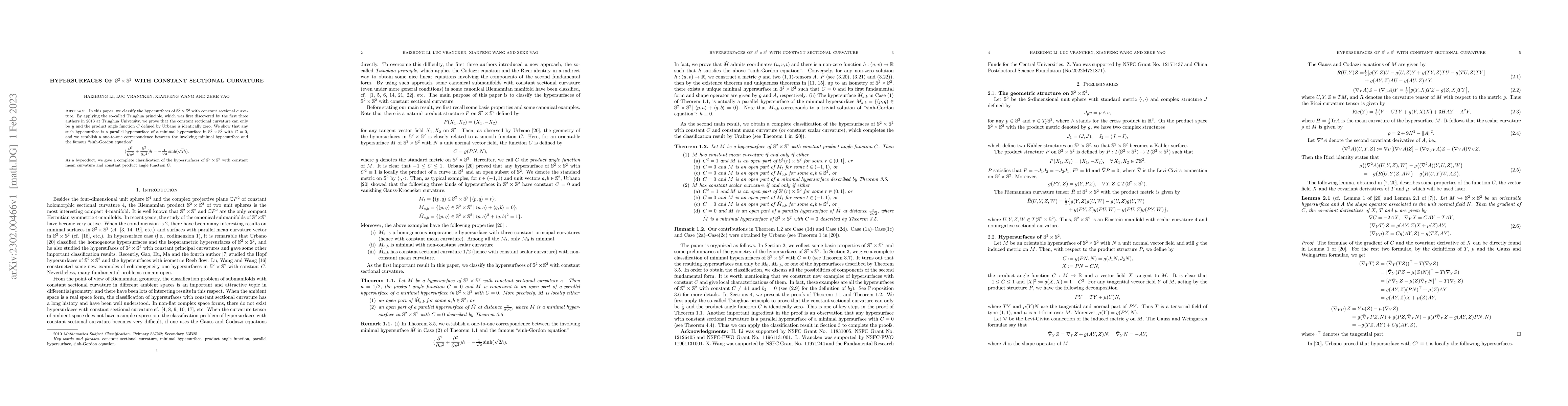 Thumbnail for Hypersurfaces of $\mathbb{S}^2\times\mathbb{S}^2$ with constant
  sectional curvature