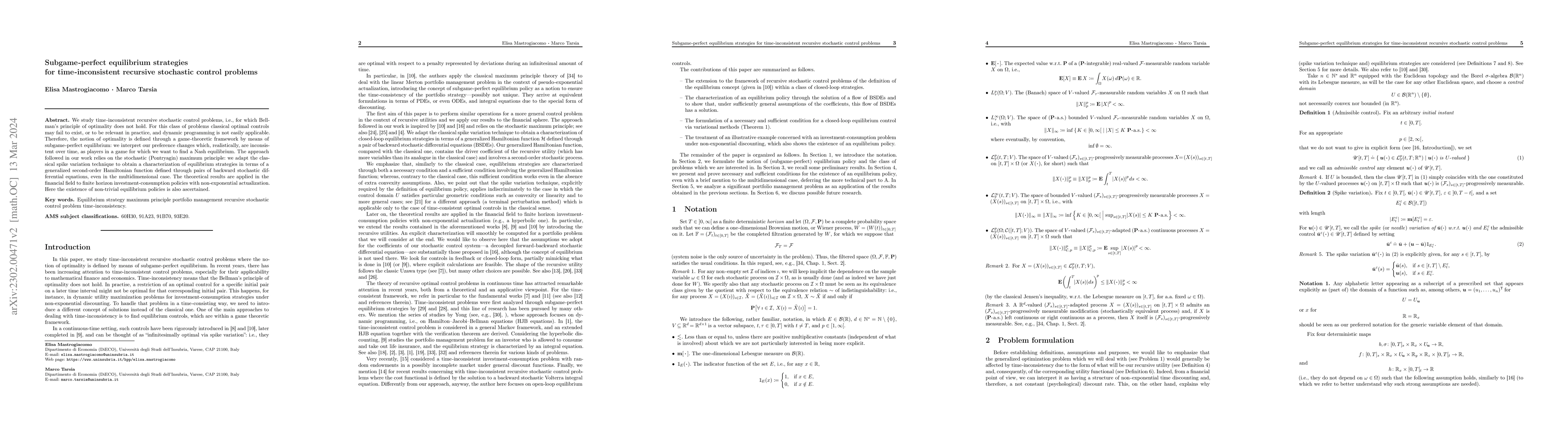 Thumbnail for Subgame-perfect equilibrium strategies for time-inconsistent recursive
  stochastic control problems