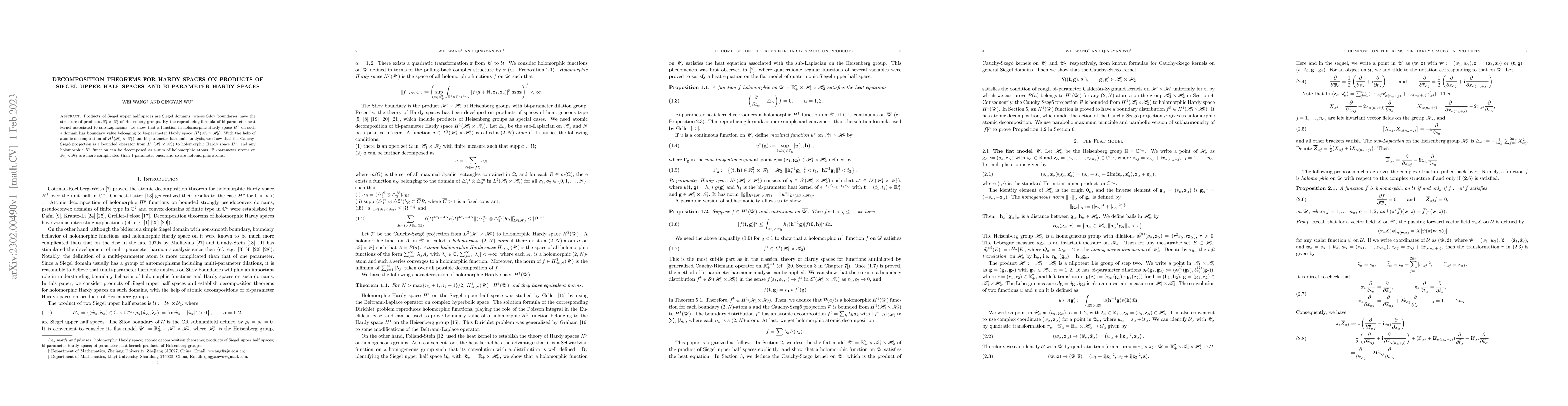 Thumbnail for Decomposition theorems for Hardy spaces on products of Siegel upper half
  spaces and bi-parameter Hardy spaces
