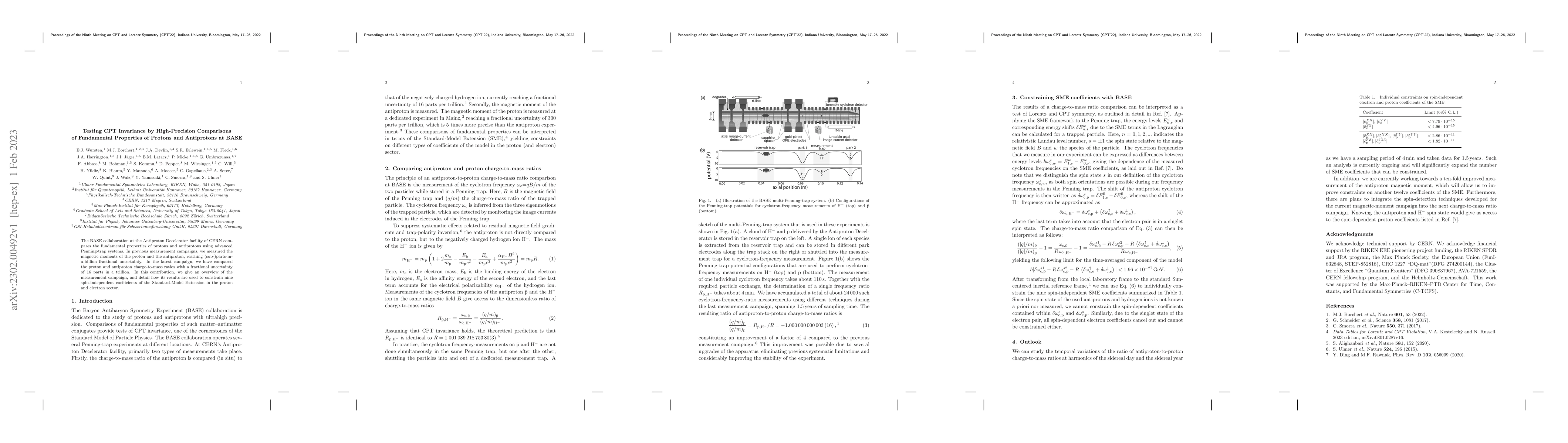 Thumbnail for Testing CPT Invariance by High-Precision Comparisons of Fundamental
  Properties of Protons and Antiprotons at BASE