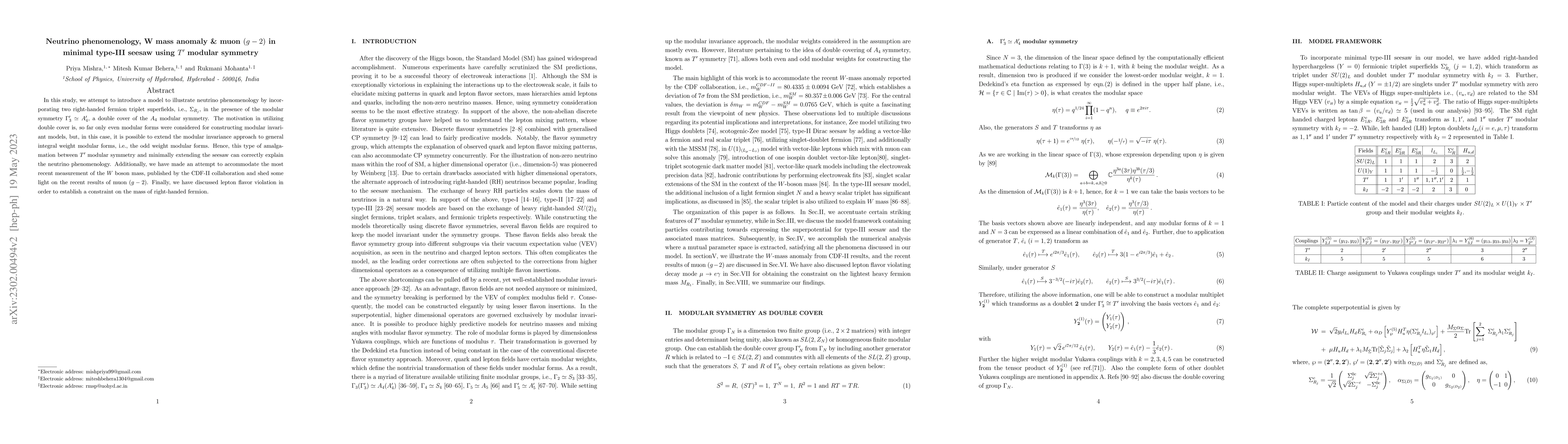 Thumbnail for Neutrino phenomenology, W mass anomaly & muon $(g-2)$ in minimal
  type-III seesaw using $T^\prime$ modular symmetry