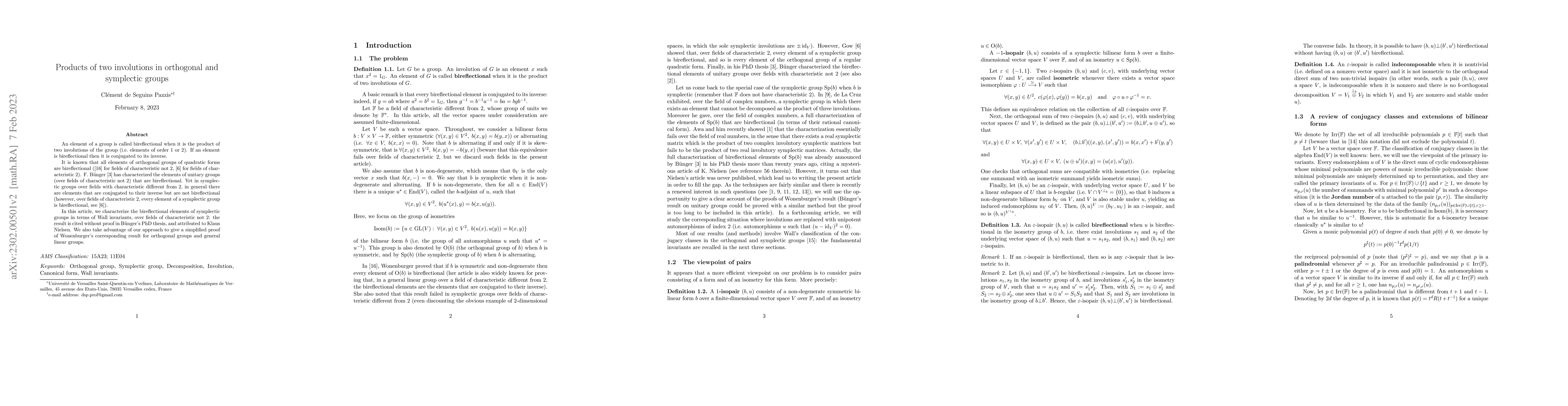 Thumbnail for Products of two involutions in orthogonal and symplectic groups