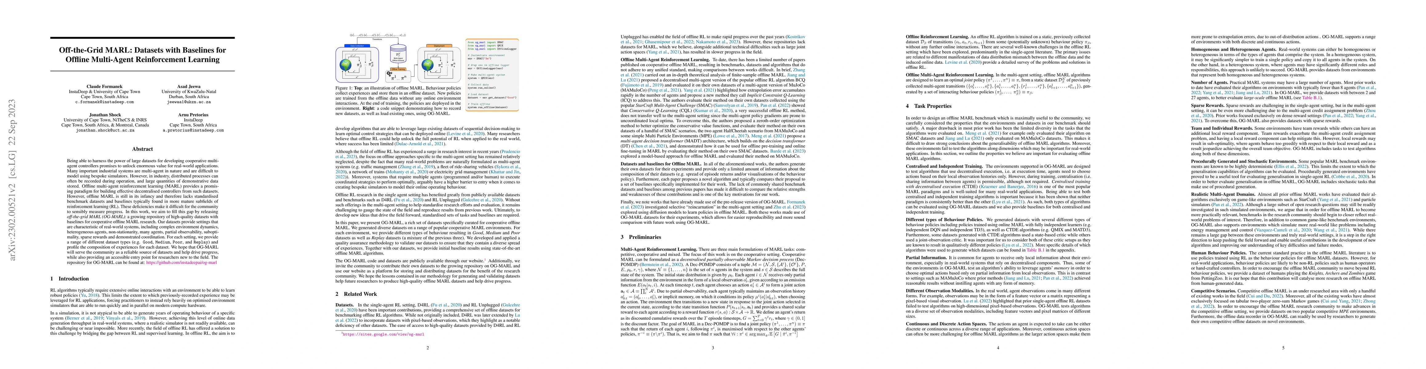 Thumbnail for Off-the-Grid MARL: Datasets with Baselines for Offline Multi-Agent
  Reinforcement Learning