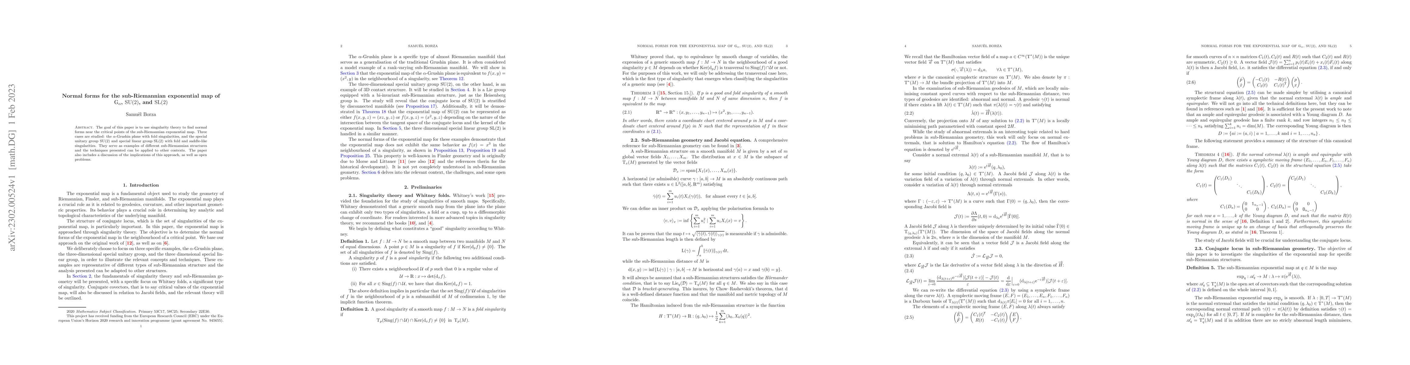 Thumbnail for Normal forms for the sub-Riemannian exponential map of
  $\mathbb{G}_\alpha$, $\mathrm{SU}(2)$, and $\mathrm{SL}(2)$