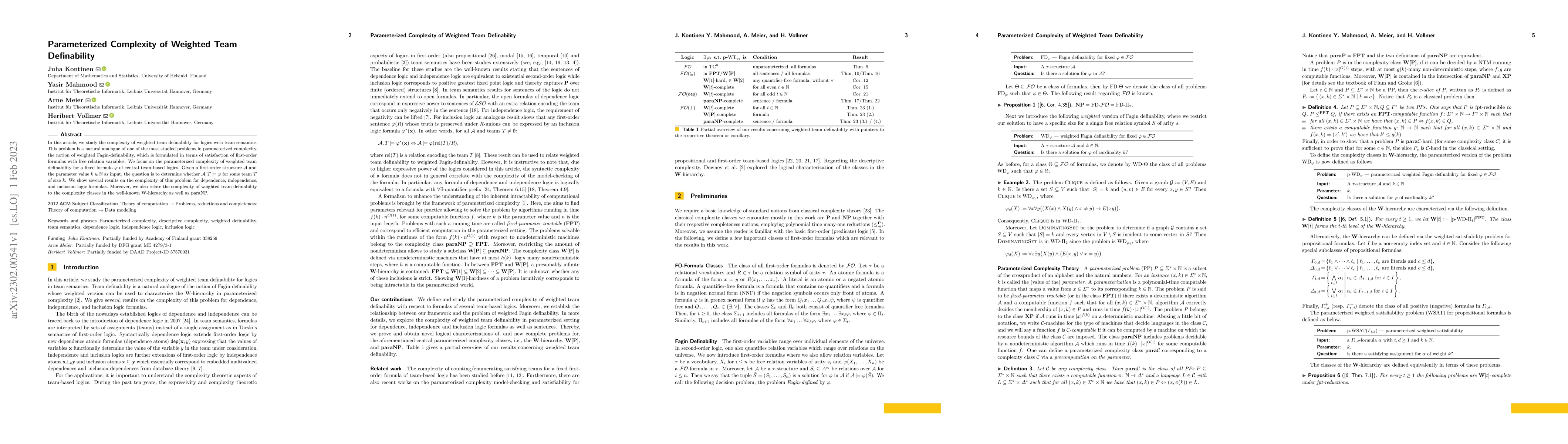 Thumbnail for Parameterized Complexity of Weighted Team Definability