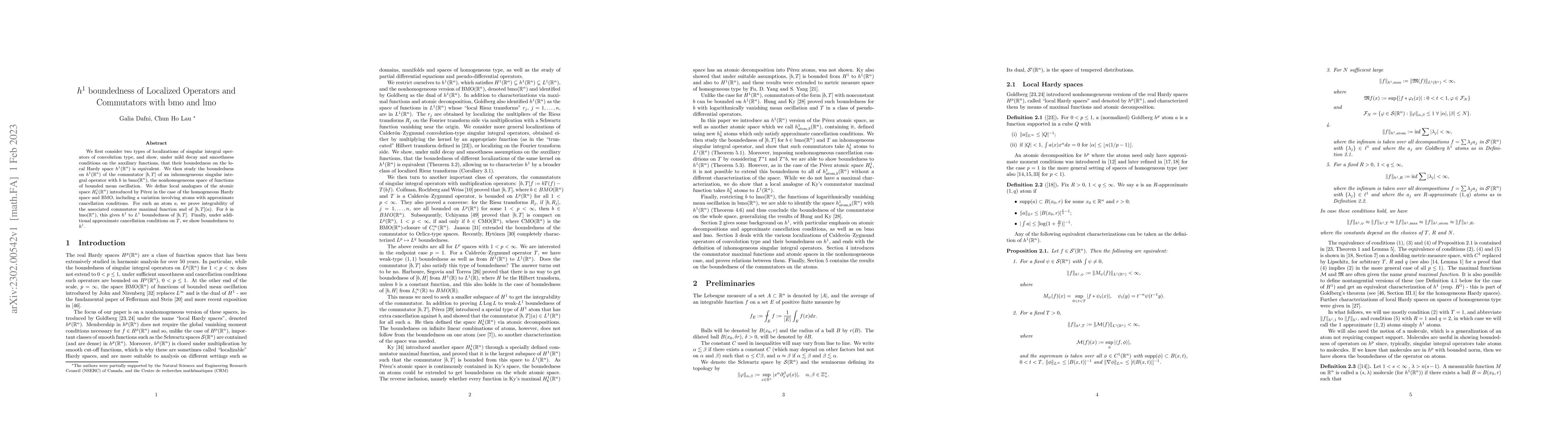 Thumbnail for $h^1$ boundedness of Localized Operators and Commutators with bmo and
  lmo