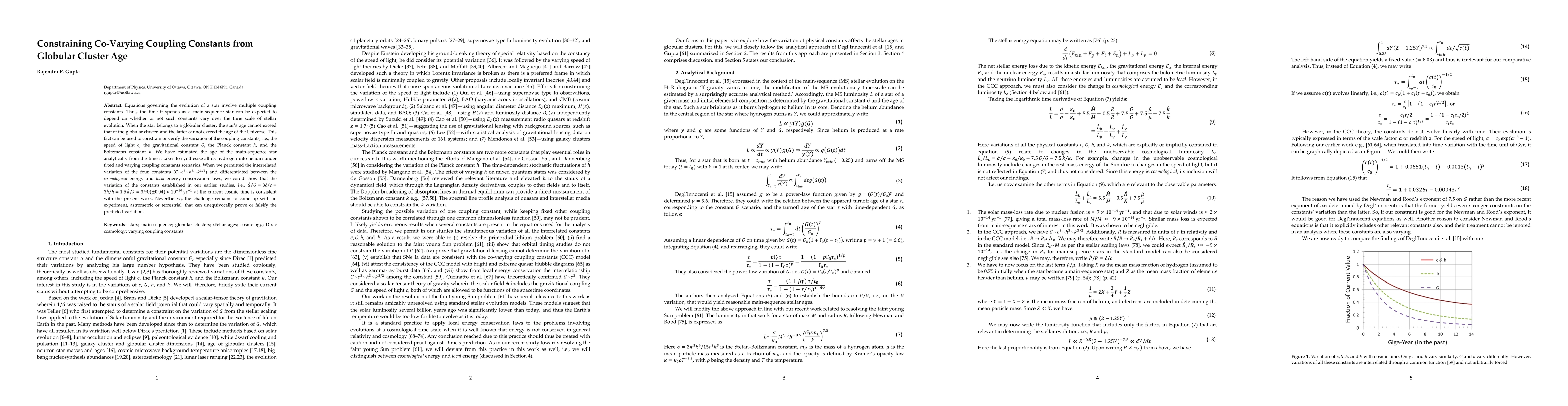Thumbnail for Constraining Co-Varying Coupling Constants from Globular Cluster Age