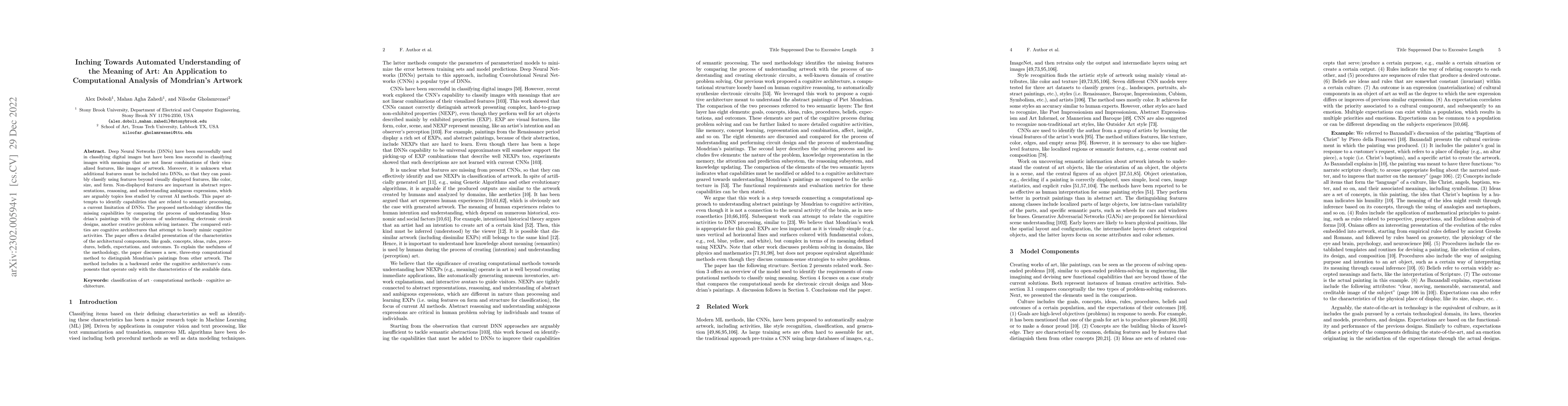 Thumbnail for Inching Towards Automated Understanding of the Meaning of Art: An
  Application to Computational Analysis of Mondrian's Artwork