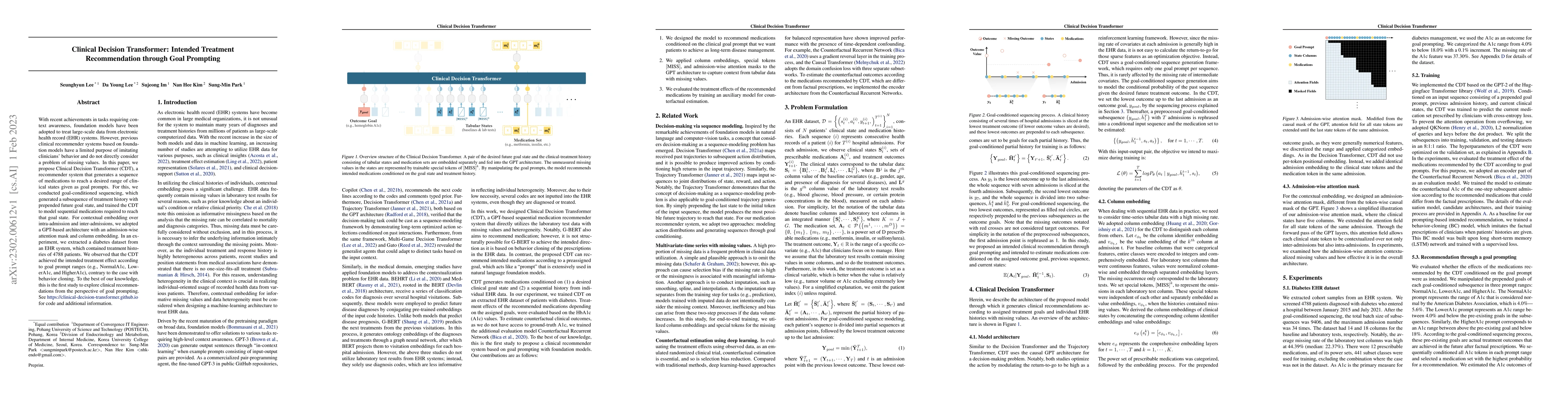 Thumbnail for Clinical Decision Transformer: Intended Treatment Recommendation through
  Goal Prompting