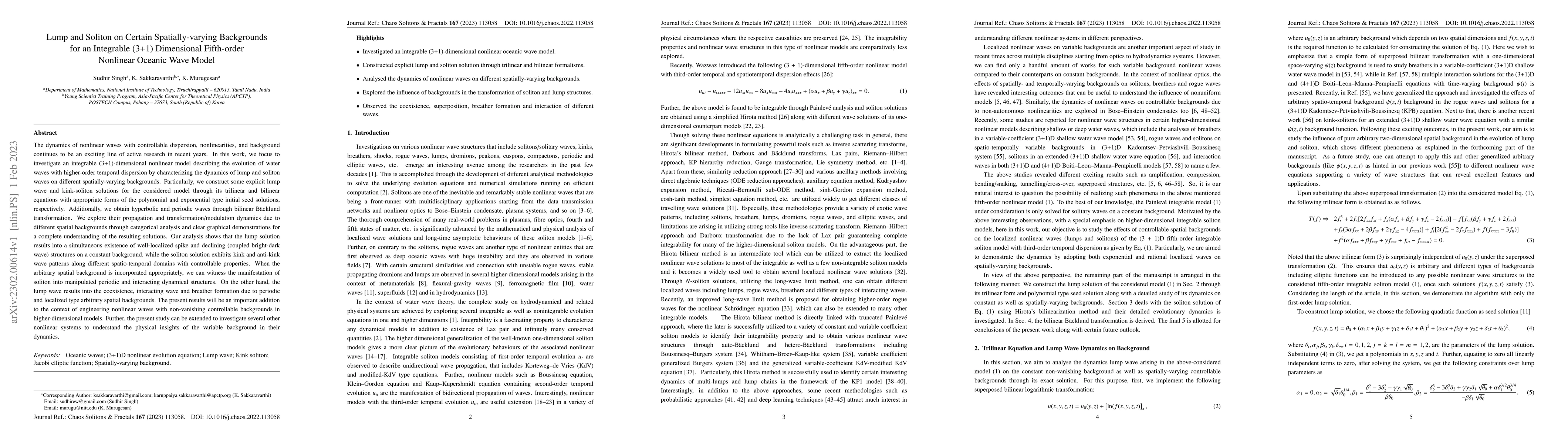 Thumbnail for Lump and Soliton on Certain Spatially-varying Backgrounds for an
  Integrable (3+1) Dimensional Fifth-order Nonlinear Oceanic Wave Model