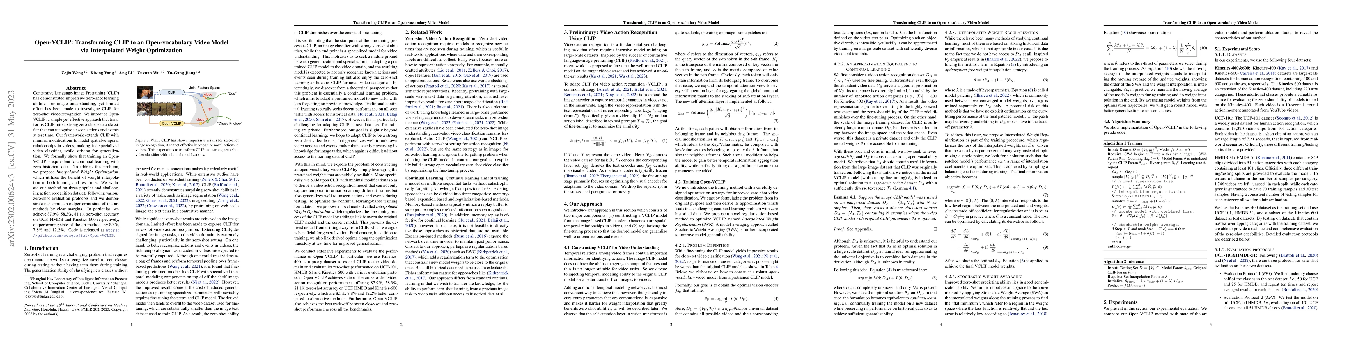 Thumbnail for Open-VCLIP: Transforming CLIP to an Open-vocabulary Video Model via
  Interpolated Weight Optimization