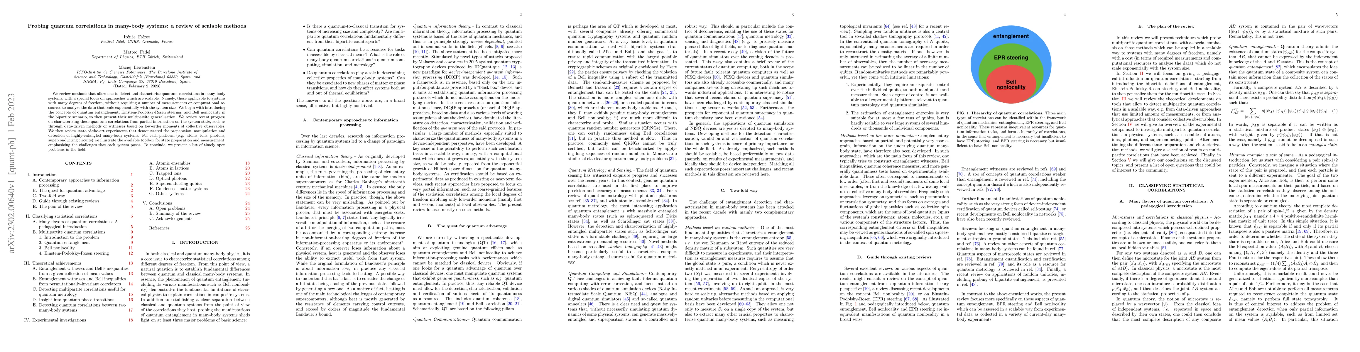 Thumbnail for Probing quantum correlations in many-body systems: a review of scalable
  methods