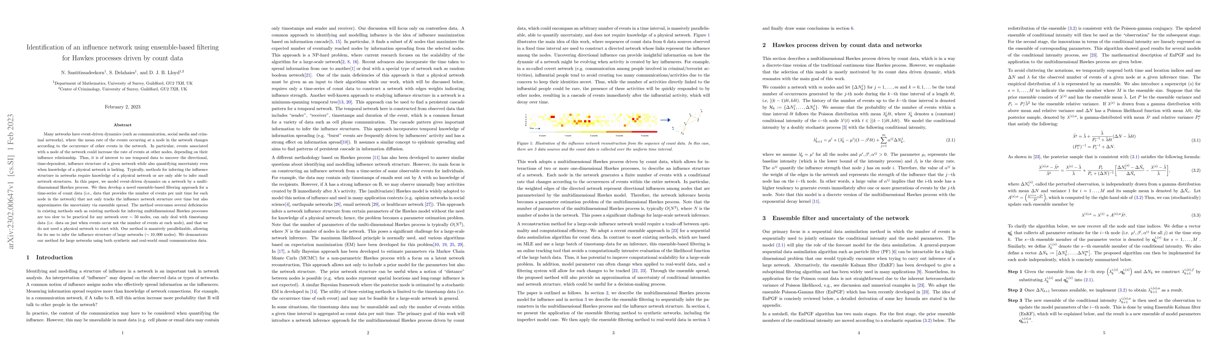 Thumbnail for Identification of an influence network using ensemble-based filtering
  for Hawkes processes driven by count data