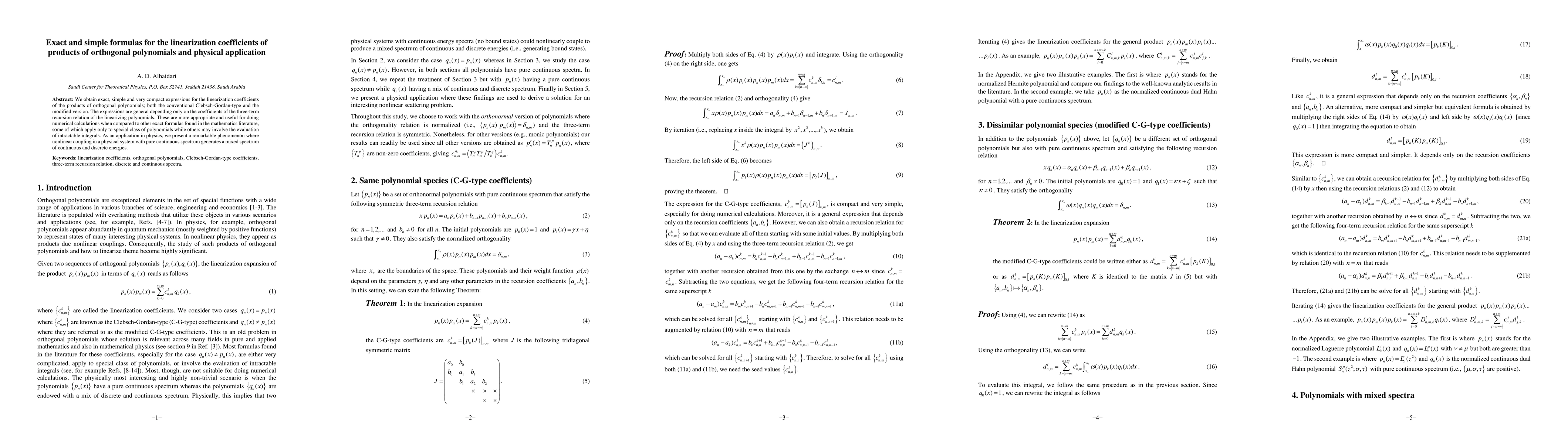 Thumbnail for Exact and simple formulas for the linearization coefficients of products
  of orthogonal polynomials and physical application