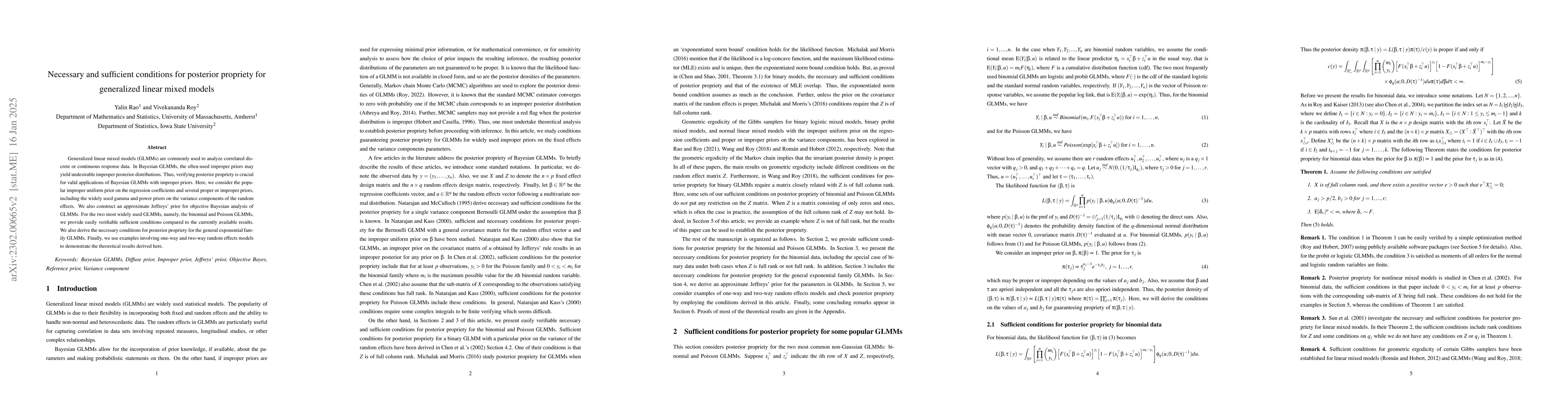 Thumbnail for Necessary and sufficient conditions for posterior propriety for
  generalized linear mixed models
