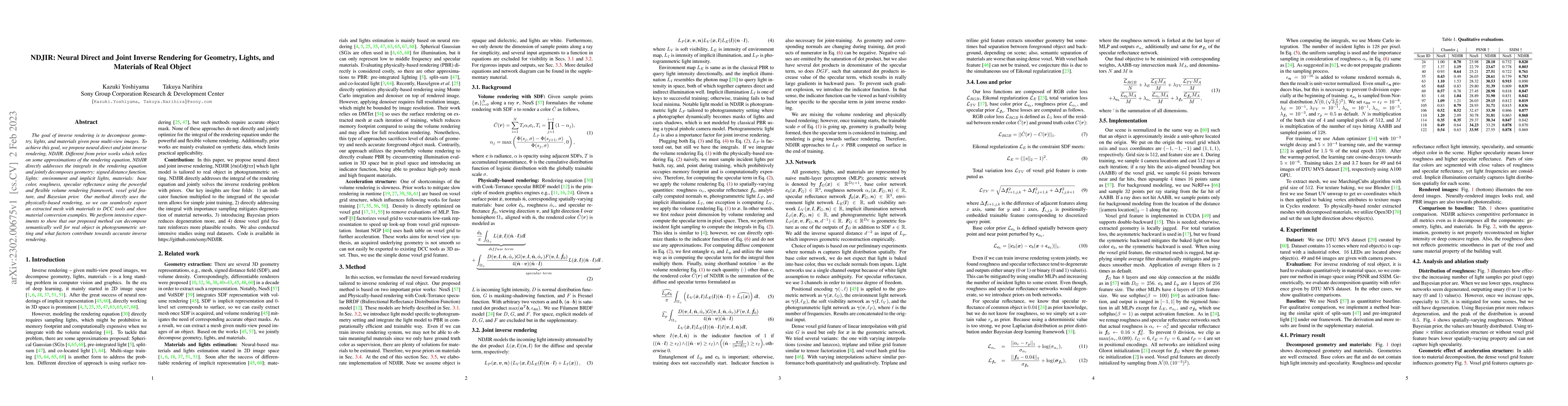 Thumbnail for NDJIR: Neural Direct and Joint Inverse Rendering for Geometry, Lights,
  and Materials of Real Object