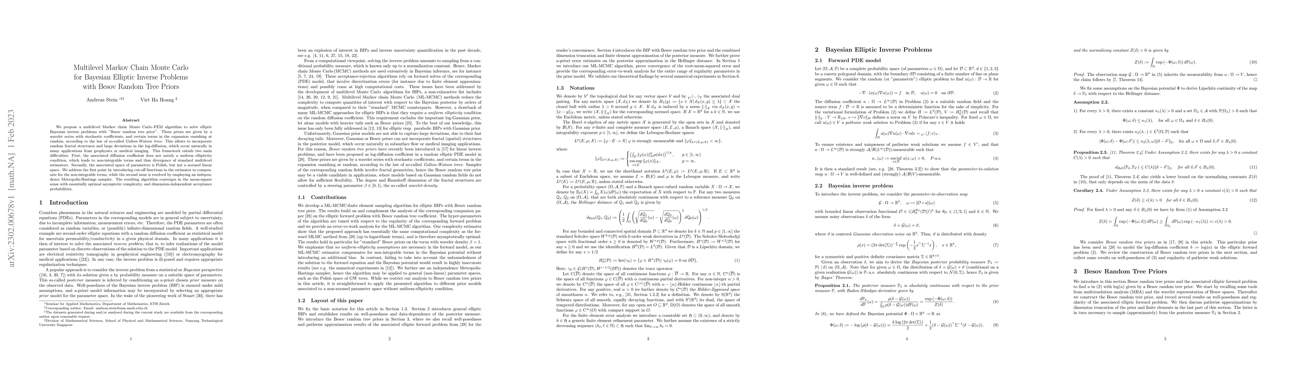 Thumbnail for Multilevel Markov Chain Monte Carlo for Bayesian Elliptic Inverse
  Problems with Besov Random Tree Priors