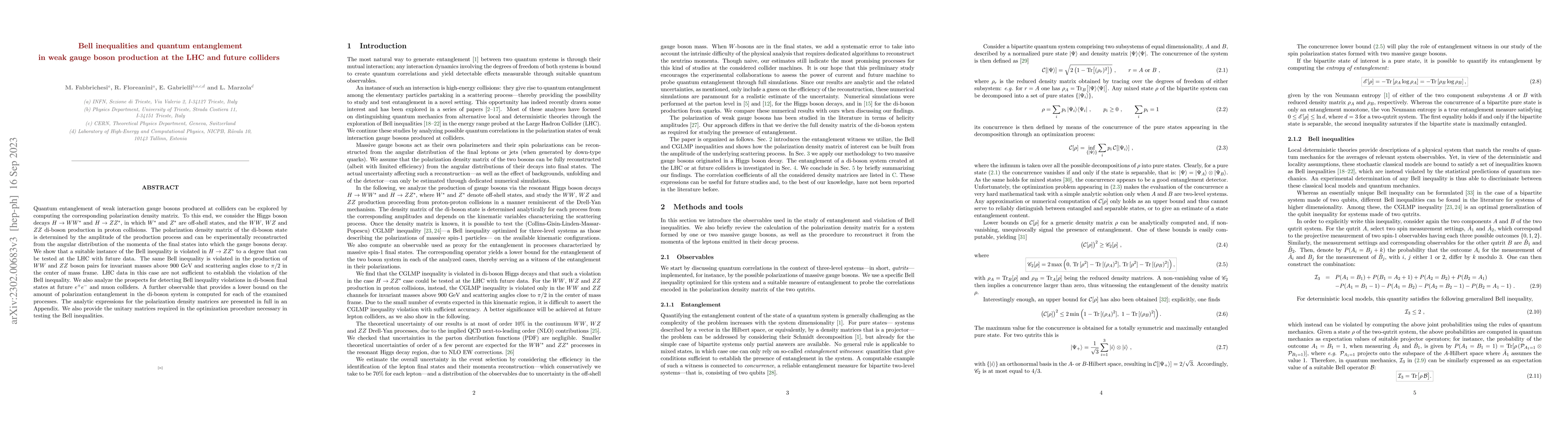 Thumbnail for Bell inequalities and quantum entanglement in weak gauge bosons
  production at the LHC and future colliders