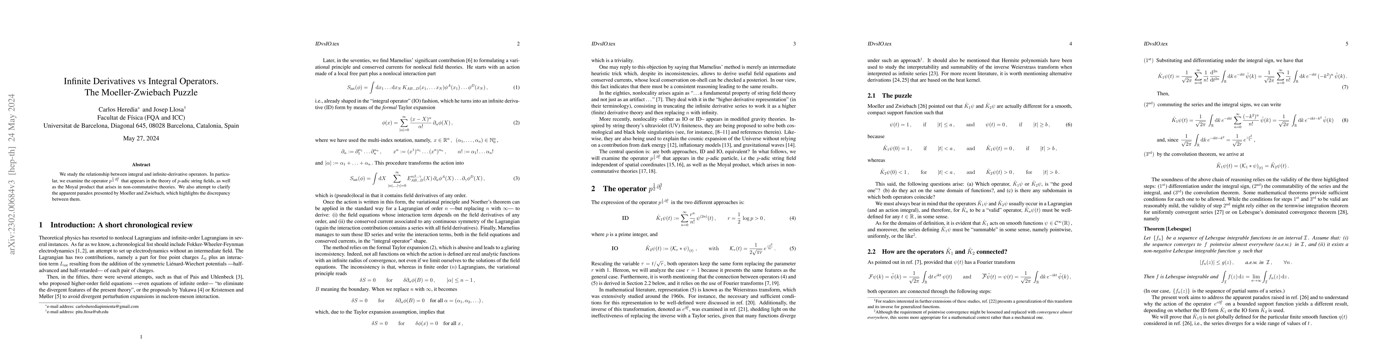 Thumbnail for Infinite Derivatives vs Integral Operators. The Moeller-Zwiebach Puzzle
