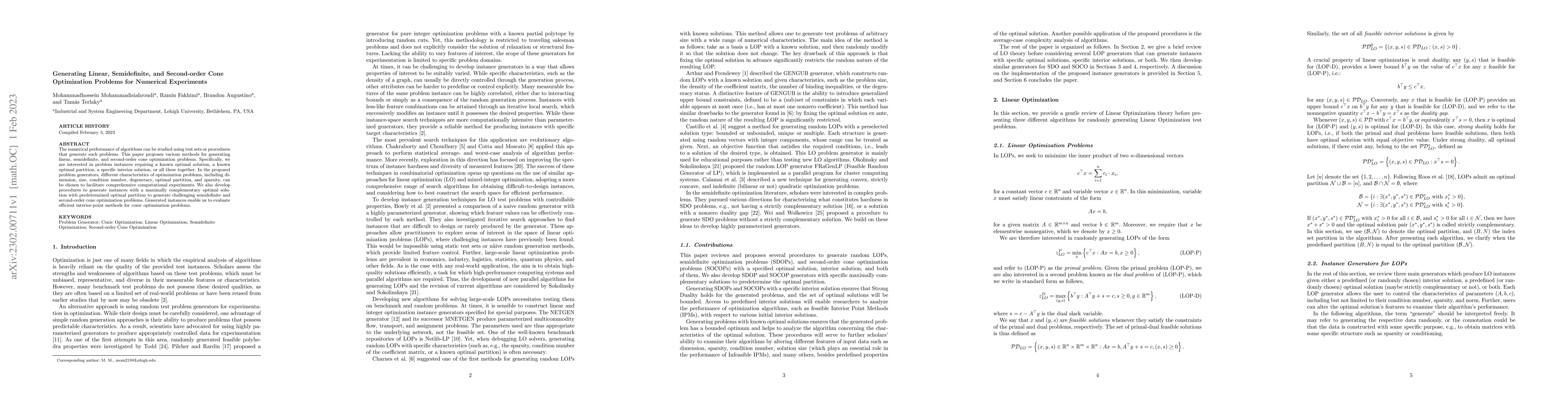 Thumbnail for Generating Linear, Semidefinite, and Second-order Cone Optimization
  Problems for Numerical Experiments