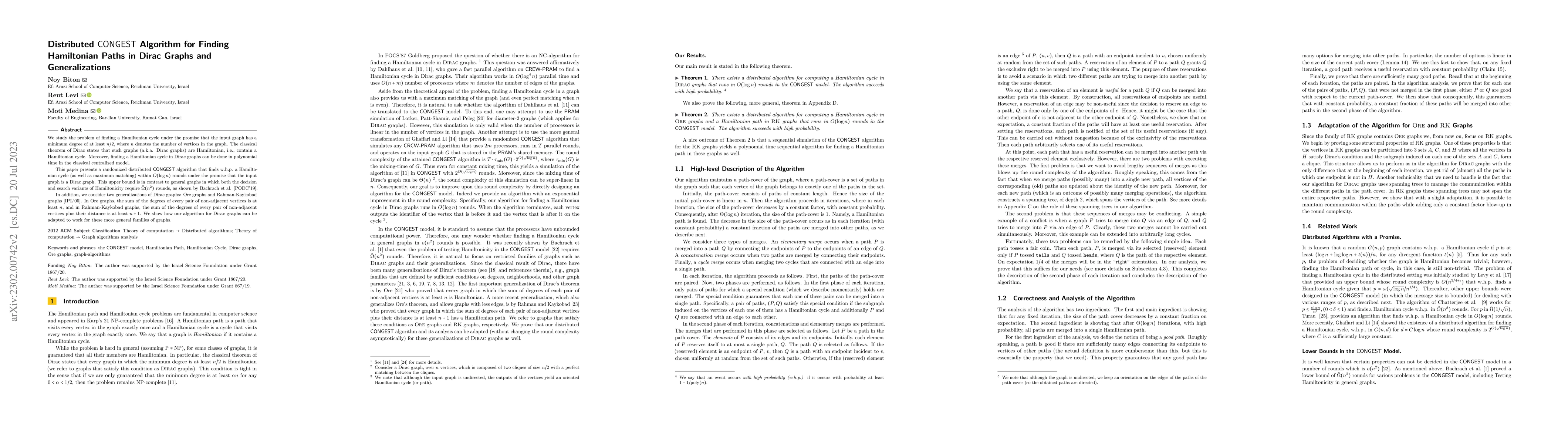 Thumbnail for Distributed CONGEST Algorithm for Finding Hamiltonian Paths in Dirac
  Graphs and Generalizations