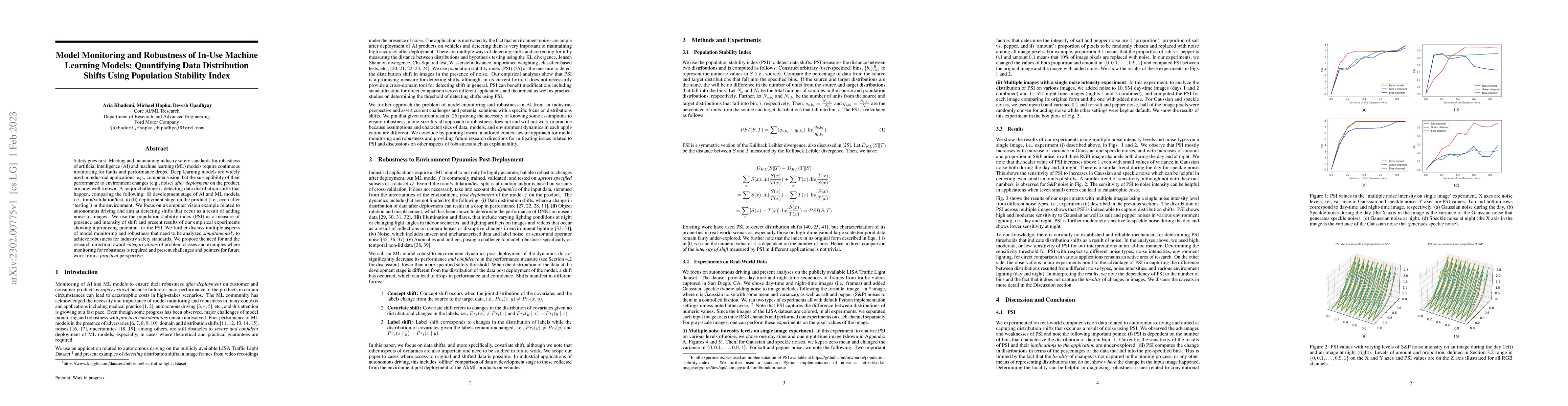 Thumbnail for Model Monitoring and Robustness of In-Use Machine Learning Models:
  Quantifying Data Distribution Shifts Using Population Stability Index