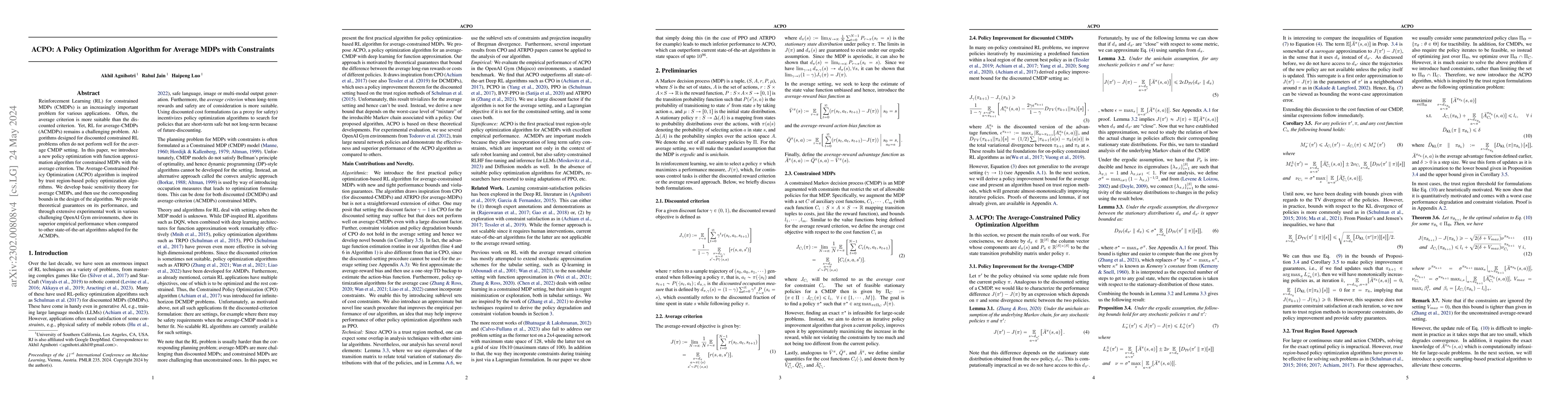 Thumbnail for ACPO: A Policy Optimization Algorithm for Average MDPs with Constraints