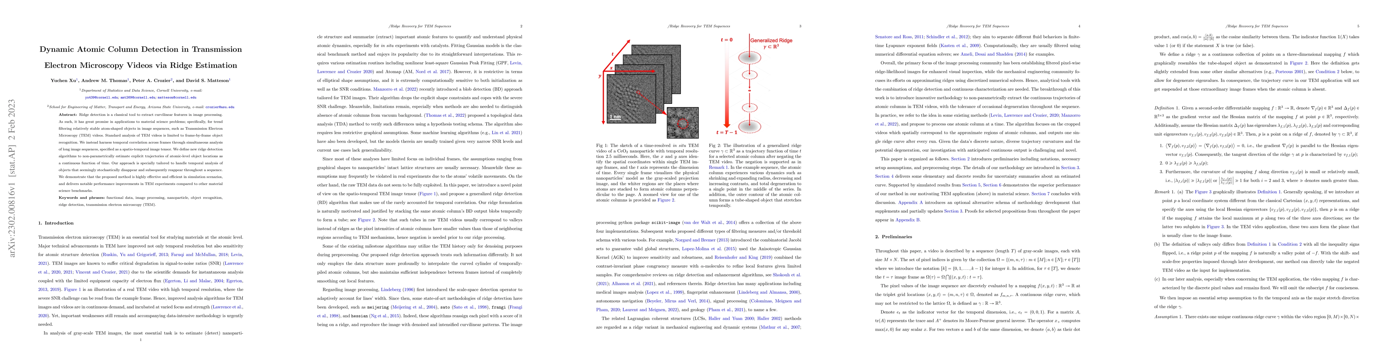 Thumbnail for Dynamic Atomic Column Detection in Transmission Electron Microscopy
  Videos via Ridge Estimation