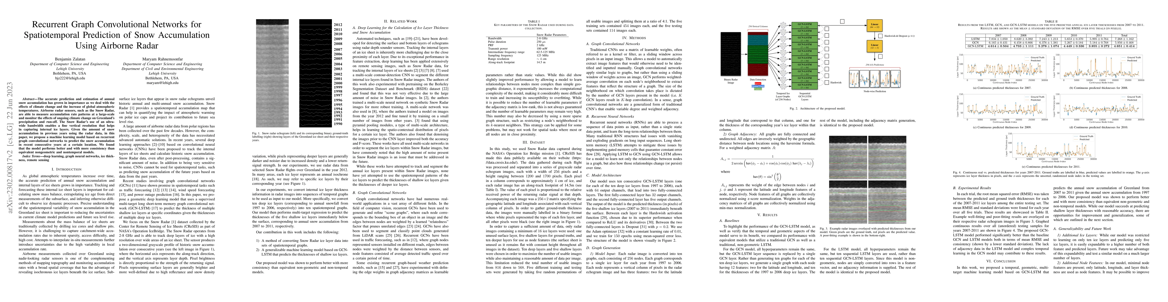 Thumbnail for Recurrent Graph Convolutional Networks for Spatiotemporal Prediction of
  Snow Accumulation Using Airborne Radar