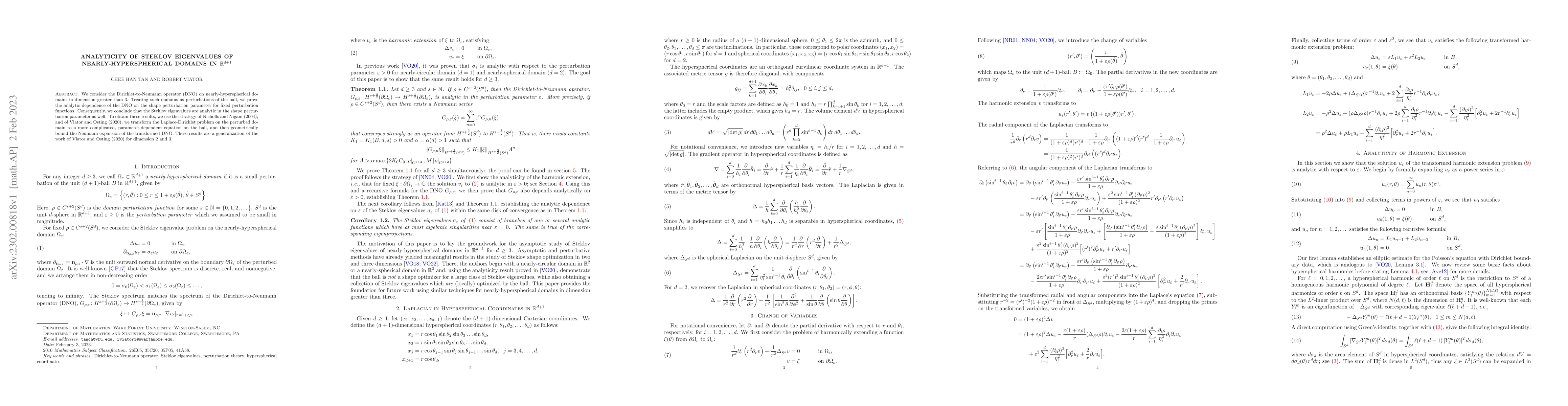 Thumbnail for Analyticity of Steklov Eigenvalues in nearly-hyperspherical domains in
  \mathbb{R}^{d+1}