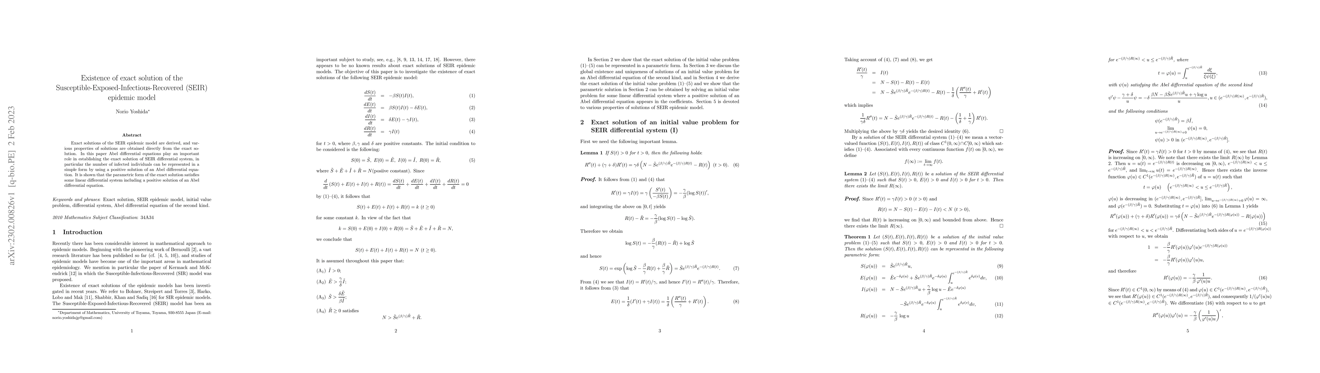Thumbnail for Existence of exact solution of the
  Susceptible-Exposed-Infectious-Recovered (SEIR) epidemic model