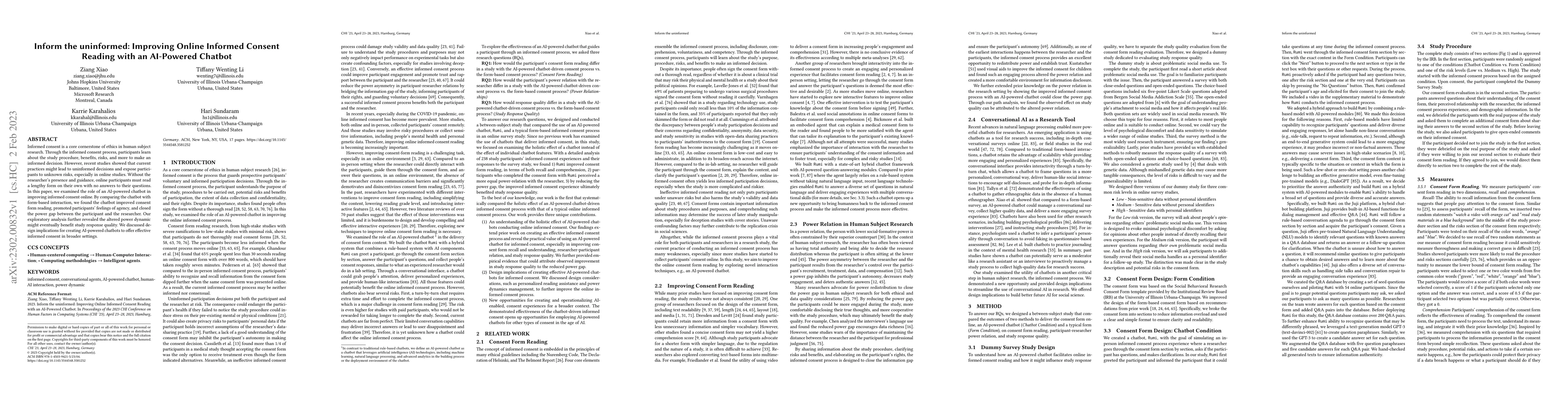 Thumbnail for Inform the uninformed: Improving Online Informed Consent Reading with an
  AI-Powered Chatbot