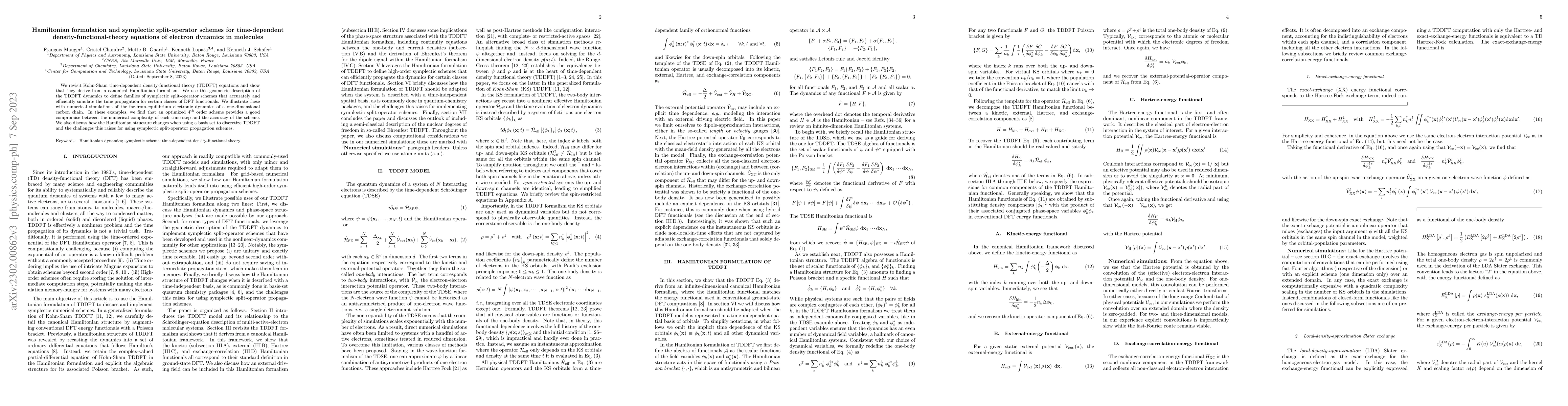 Thumbnail for Hamiltonian formulation and symplectic split-operator schemes for
  time-dependent density-functional-theory equations of electron dynamics in
  molecules